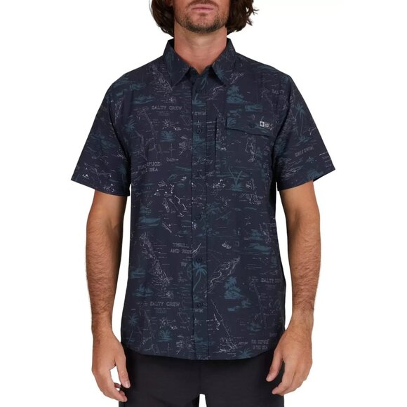 Salty Crew Seafarer Short Sleeve Tech Woven Black Button Shirt Men's Size Large - Picture 1 of 8